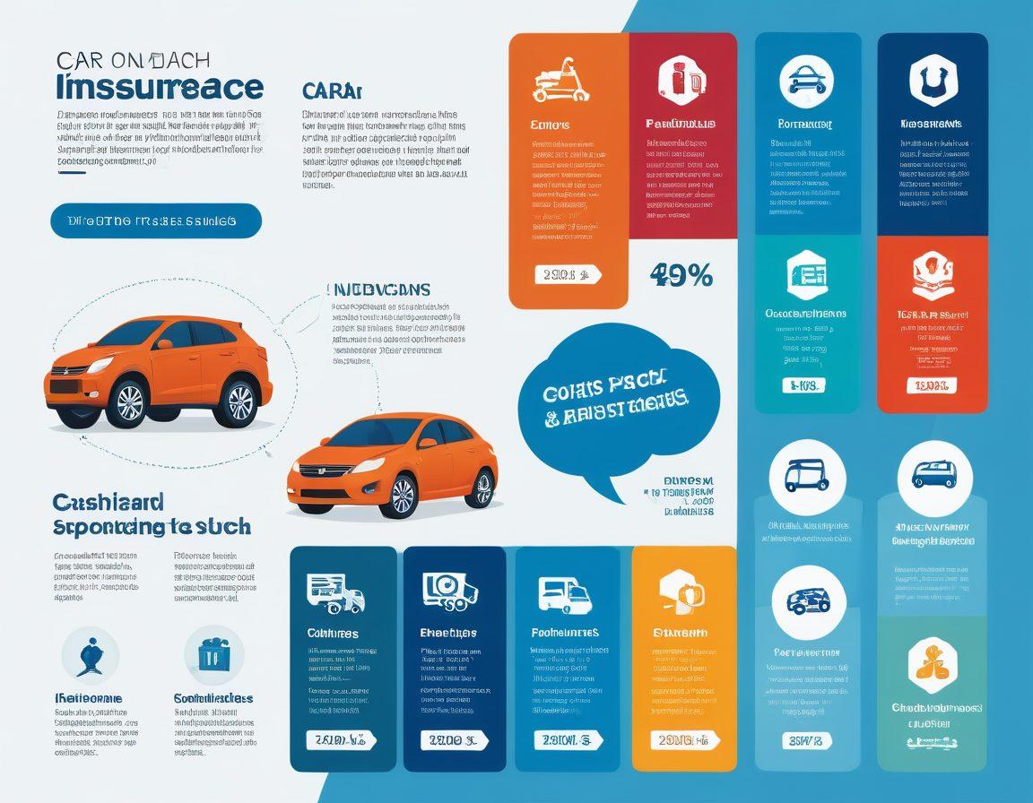 A visually engaging infographic showcasing car insurance essentials. Incorporate elements like a calculator, car silhouettes, quotes in bubbles, and discount tags. Use a vibrant color palette to make the information pop and a clear layout for easy reading. The background should evoke trust, like a blue sky or a sunny day. Include icons representing coverage options like collision and comprehensive. vector art. vibrant colors. white background.